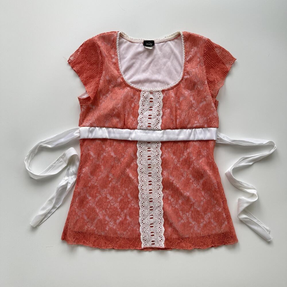 Vanity Tunic Blouse Womens M Pink Lace Square Neck Belted Flutter Sleeve Top